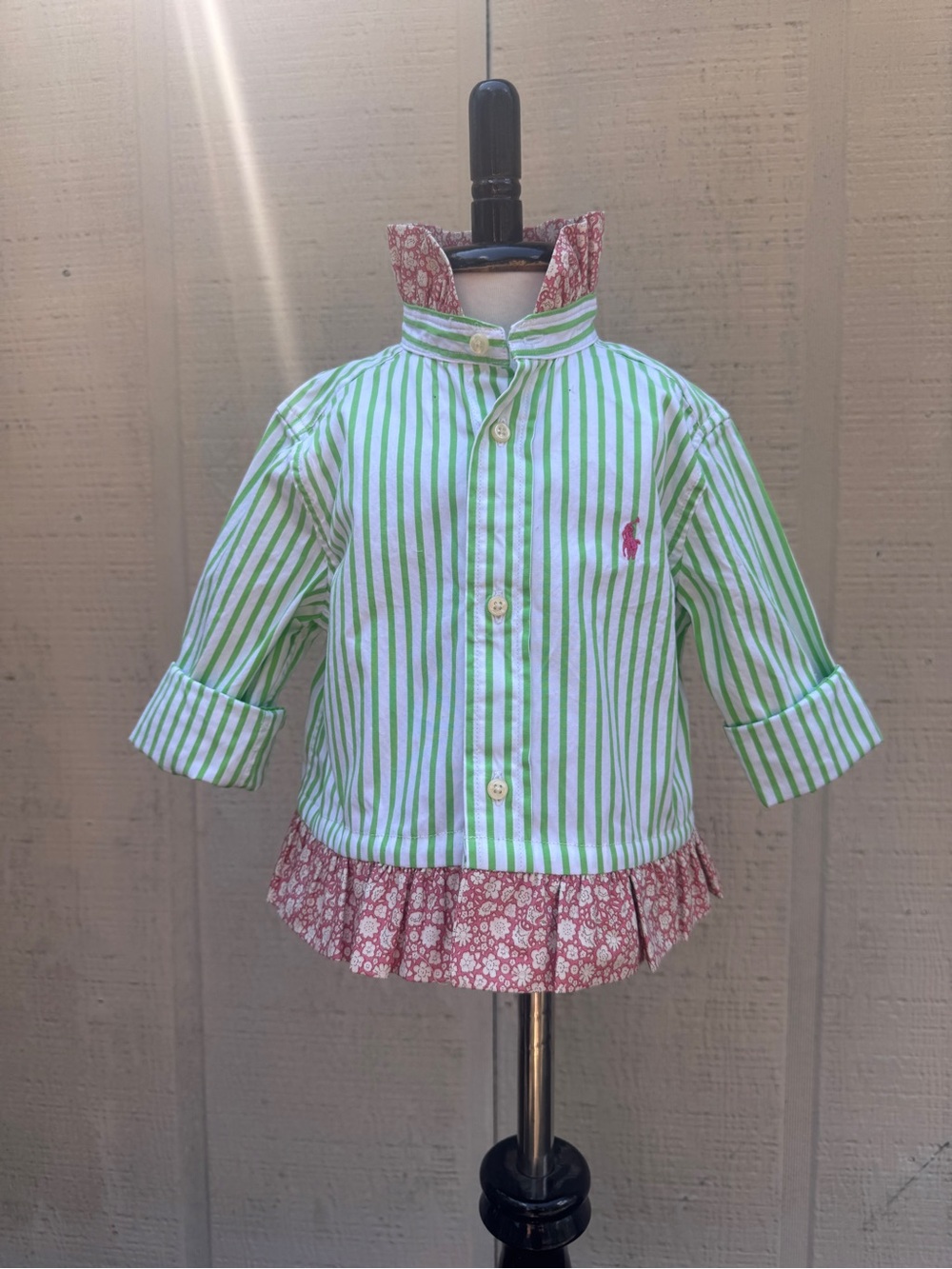 Restyled Ralph Lauren Green Stripe Ruffled Button-Down Kids Shirt w/Pink Logo